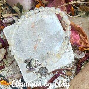 White rutilated Quartz Saint Benedict and Gold Charm Bracelet